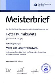 Meisterbrief Malermeister Peter Rumikewitz